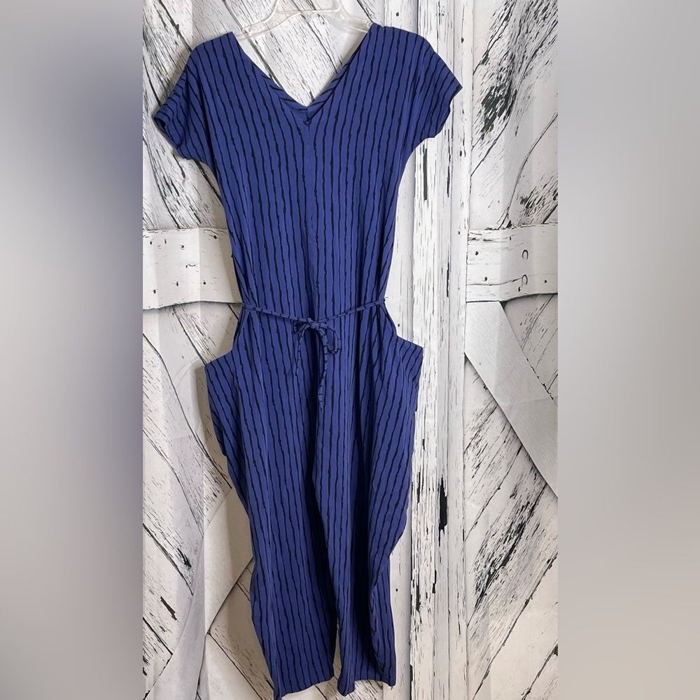 MATTHILDUR cap sleeves wrap jumpsuit in blue with black stripes S